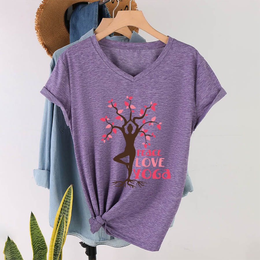 Maglietta da donna con scollo a V Olivenorma Peace Love Yoga Tree Pose Tree Of Life Graphic - Viola - 2XL - image 37