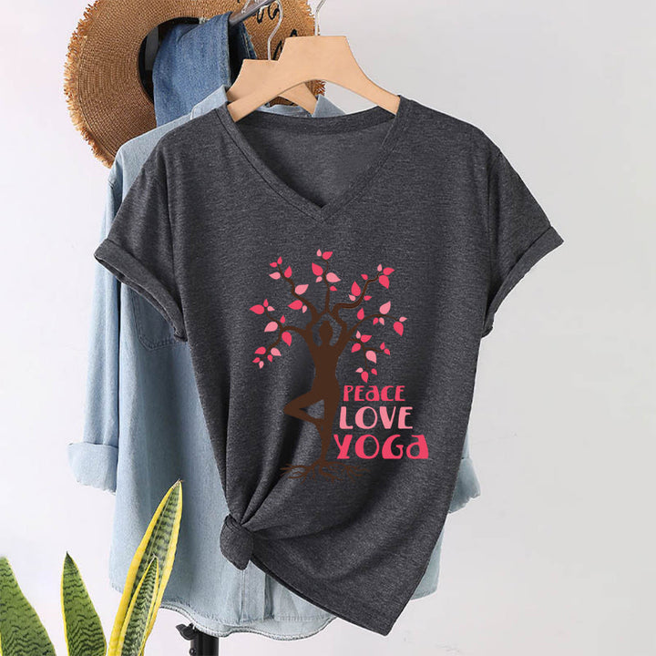 Maglietta da donna con scollo a V Olivenorma Peace Love Yoga Tree Pose Tree Of Life Graphic - Grigio - 2XL - image 22