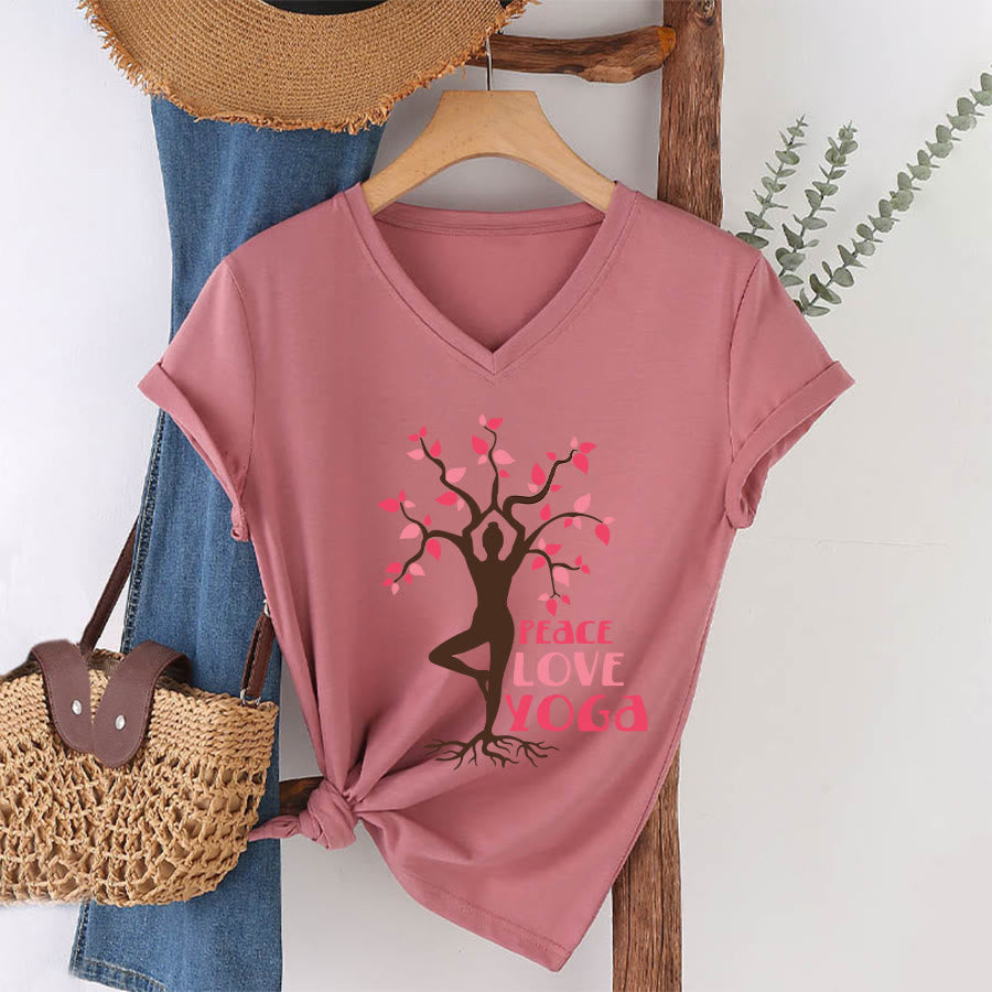 Maglietta da donna con scollo a V Olivenorma Peace Love Yoga Tree Pose Tree Of Life Graphic - Rosa - 2XL - image 13