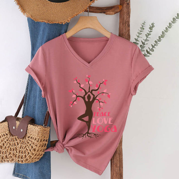 Maglietta da donna con scollo a V Olivenorma Peace Love Yoga Tree Pose Tree Of Life Graphic - Rosa - 2XL - image 13