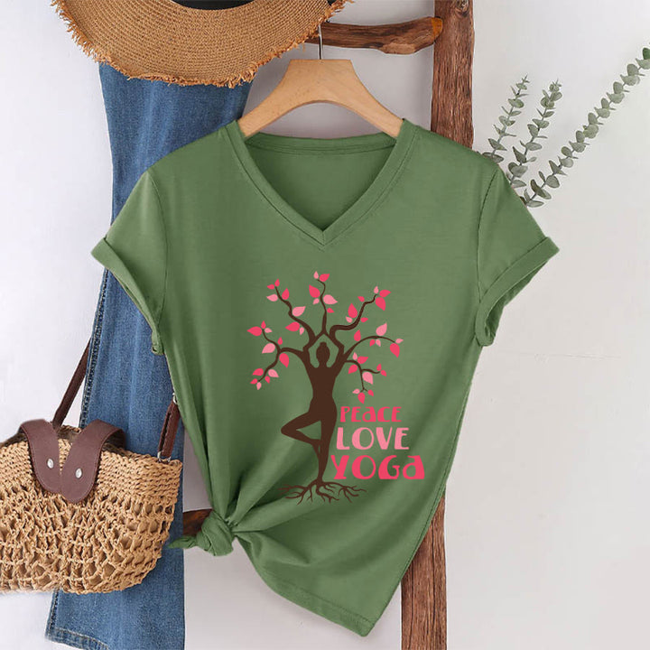 Maglietta da donna con scollo a V Olivenorma Peace Love Yoga Tree Pose Tree Of Life Graphic - Verde oliva - 2XL - image 10