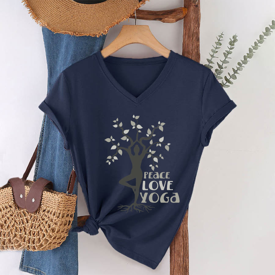Maglietta da donna con scollo a V Olivenorma Peace Love Yoga Tree Pose Tree Of Life Graphic - Blu navy - 2XL - image 25