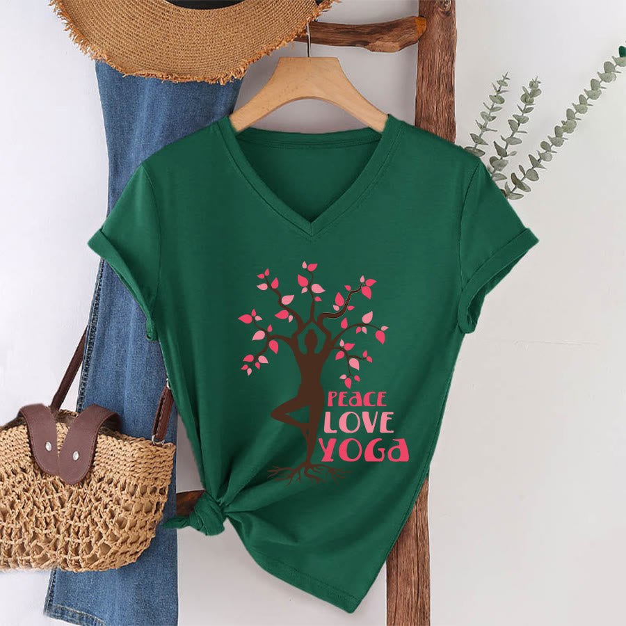 Maglietta da donna con scollo a V Olivenorma Peace Love Yoga Tree Pose Tree Of Life Graphic - Verde scuro - 2XL - image 7
