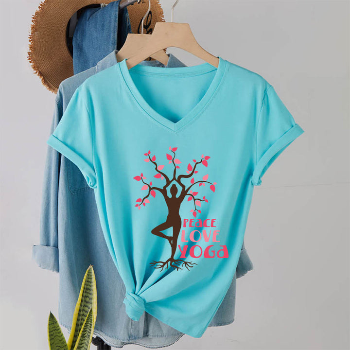 Maglietta da donna con scollo a V Olivenorma Peace Love Yoga Tree Pose Tree Of Life Graphic - Lago Blu - 2XL - image 16