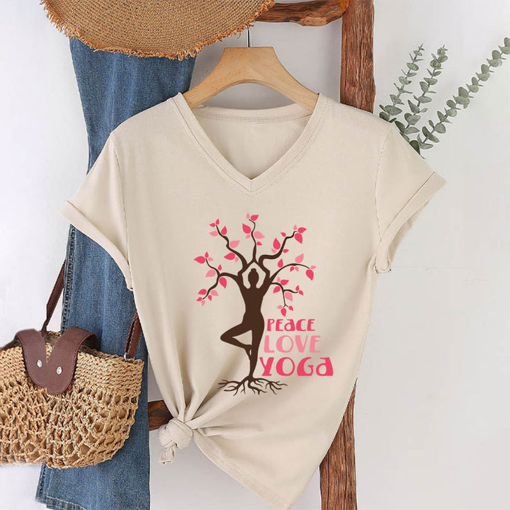 Maglietta da donna con scollo a V Olivenorma Peace Love Yoga Tree Pose Tree Of Life Graphic - Cachi - 2XL - image 4