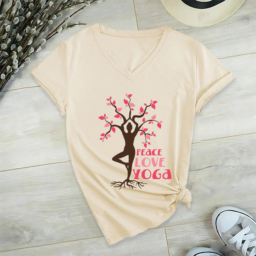 Maglietta da donna con scollo a V Olivenorma Peace Love Yoga Tree Pose Tree Of Life Graphic - image 3