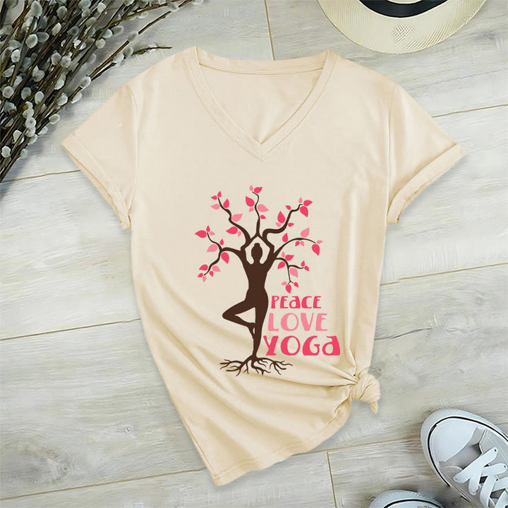 Maglietta da donna con scollo a V Olivenorma Peace Love Yoga Tree Pose Tree Of Life Graphic - image 3