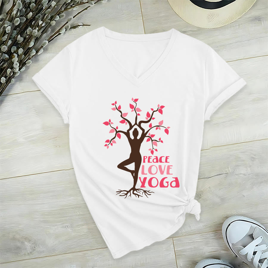 Maglietta da donna con scollo a V Olivenorma Peace Love Yoga Tree Pose Tree Of Life Graphic - image 0