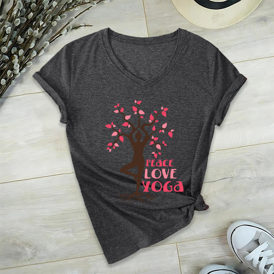 Maglietta da donna con scollo a V Olivenorma Peace Love Yoga Tree Pose Tree Of Life Graphic - image 21