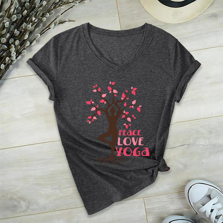 Maglietta da donna con scollo a V Olivenorma Peace Love Yoga Tree Pose Tree Of Life Graphic - image 21
