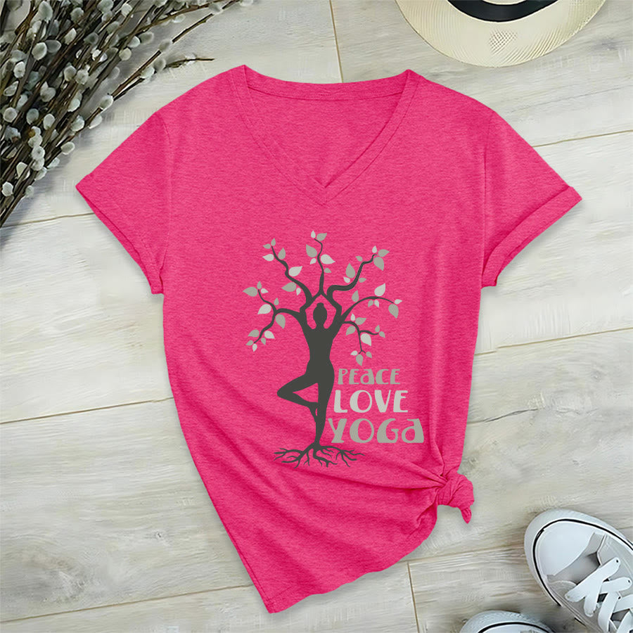 Maglietta da donna con scollo a V Olivenorma Peace Love Yoga Tree Pose Tree Of Life Graphic - image 33
