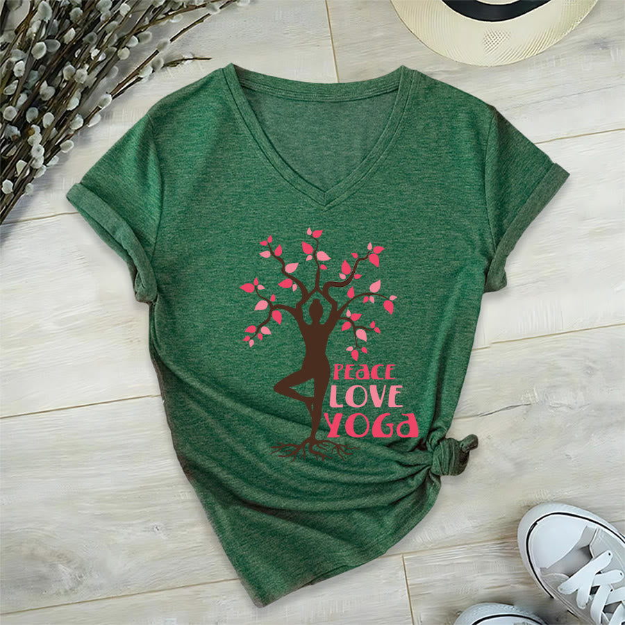 Maglietta da donna con scollo a V Olivenorma Peace Love Yoga Tree Pose Tree Of Life Graphic - image 6