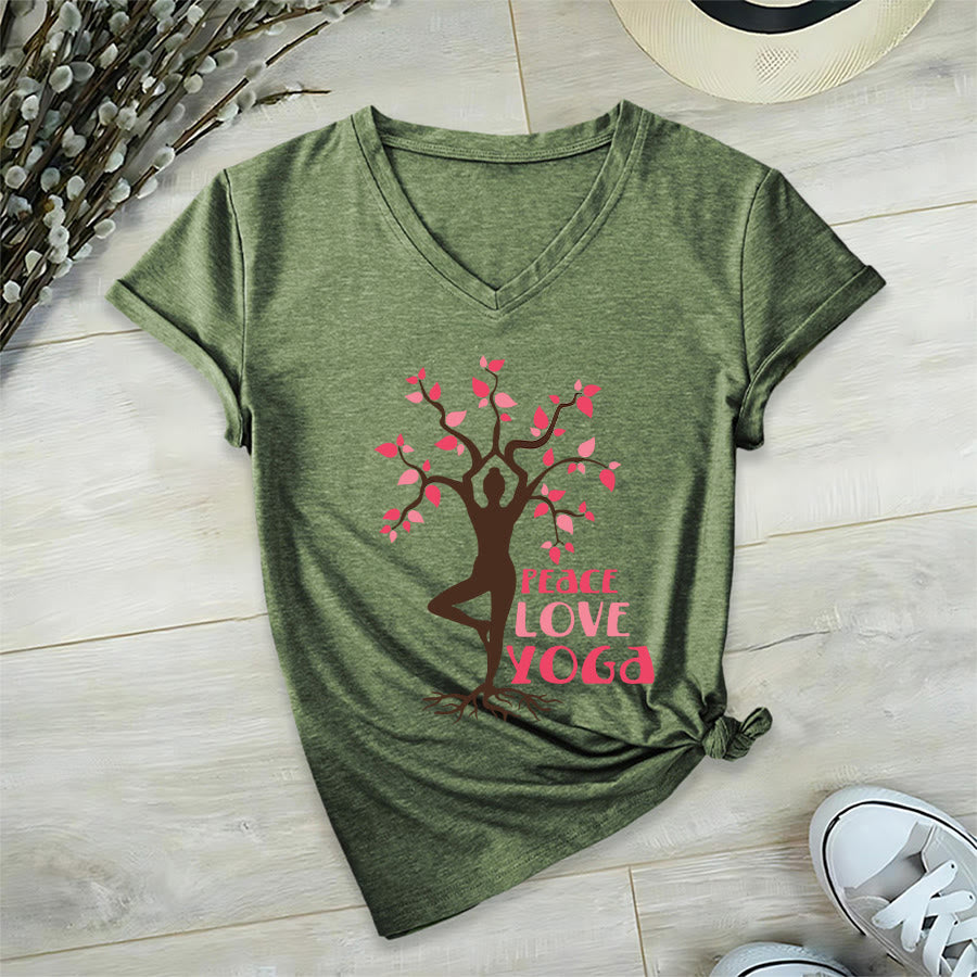 Maglietta da donna con scollo a V Olivenorma Peace Love Yoga Tree Pose Tree Of Life Graphic - image 9