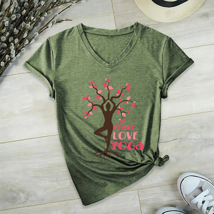 Maglietta da donna con scollo a V Olivenorma Peace Love Yoga Tree Pose Tree Of Life Graphic - image 9