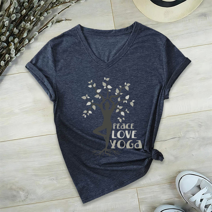 Maglietta da donna con scollo a V Olivenorma Peace Love Yoga Tree Pose Tree Of Life Graphic - image 24