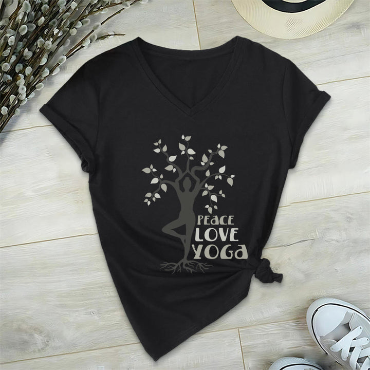 Maglietta da donna con scollo a V Olivenorma Peace Love Yoga Tree Pose Tree Of Life Graphic - image 18