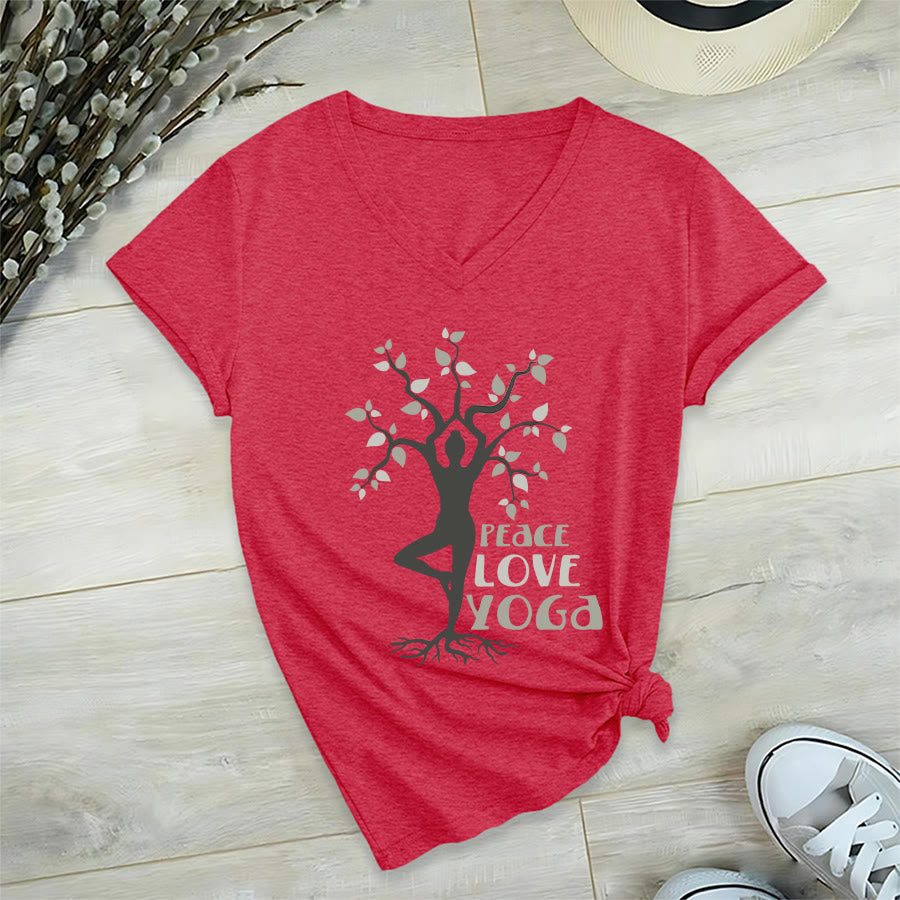 Maglietta da donna con scollo a V Olivenorma Peace Love Yoga Tree Pose Tree Of Life Graphic - image 27