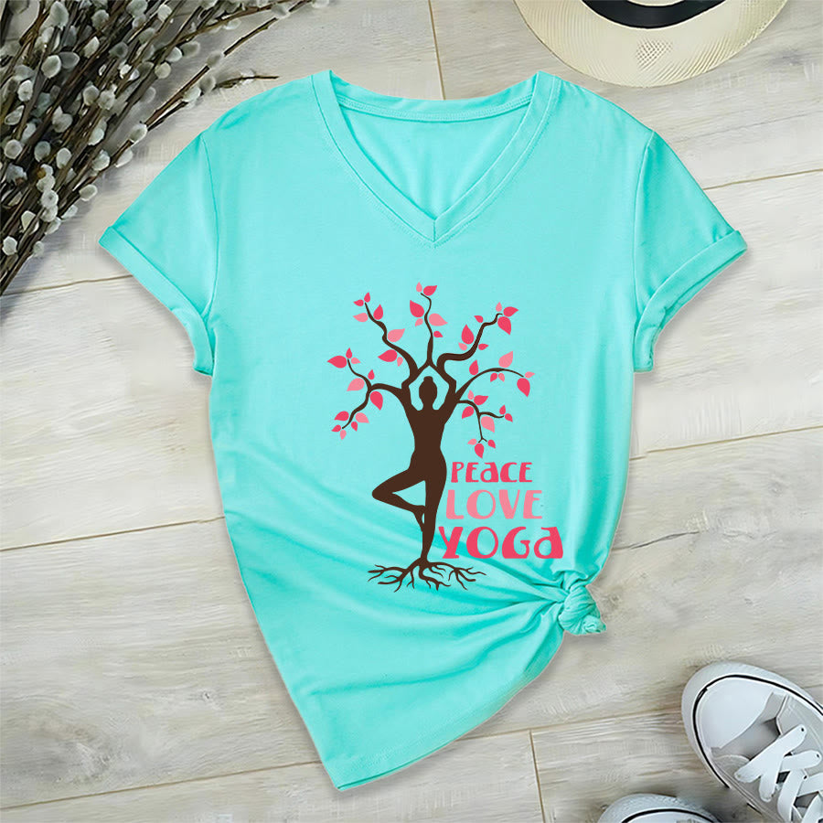 Maglietta da donna con scollo a V Olivenorma Peace Love Yoga Tree Pose Tree Of Life Graphic - image 15