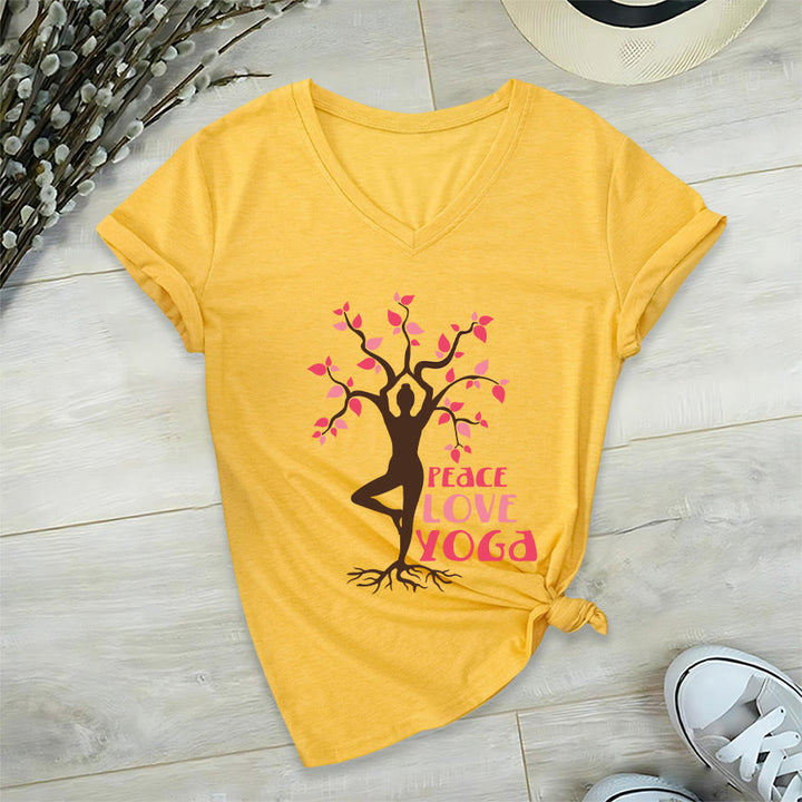 Maglietta da donna con scollo a V Olivenorma Peace Love Yoga Tree Pose Tree Of Life Graphic - image 30