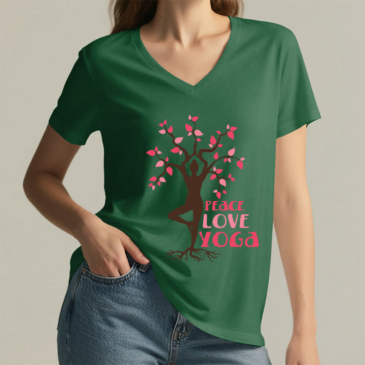 Maglietta da donna con scollo a V Olivenorma Peace Love Yoga Tree Pose Tree Of Life Graphic - image 8