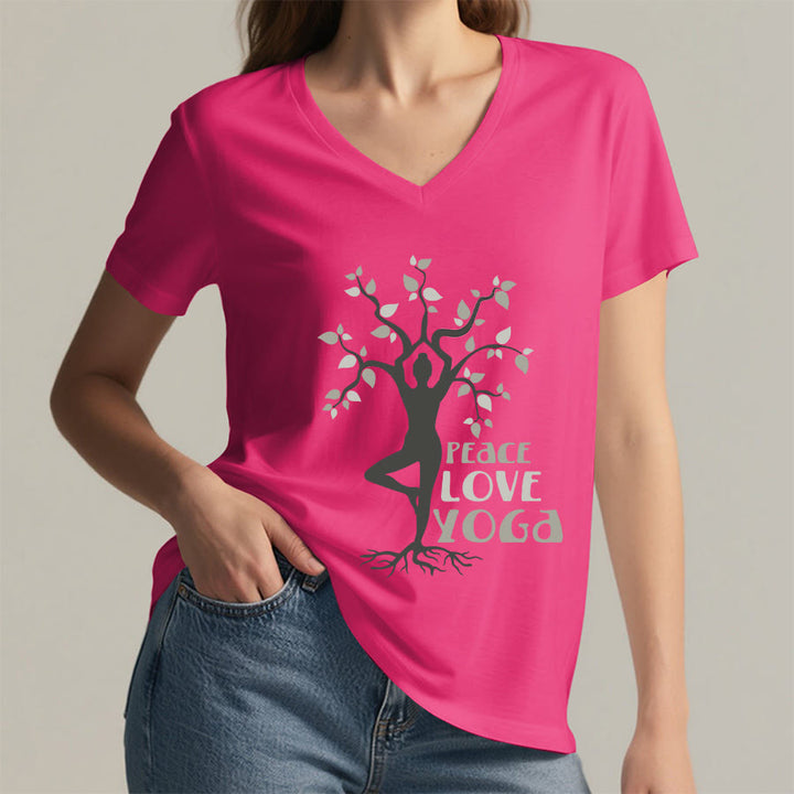 Maglietta da donna con scollo a V Olivenorma Peace Love Yoga Tree Pose Tree Of Life Graphic - image 35