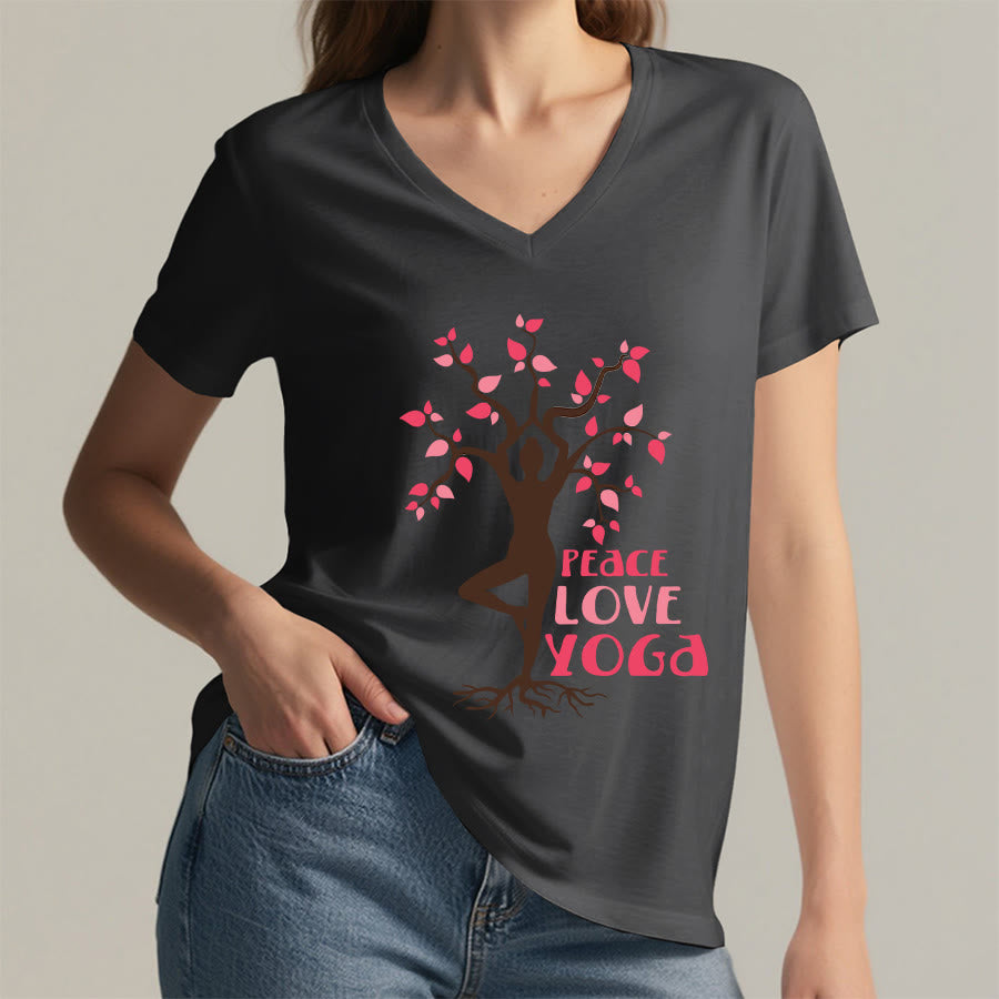 Maglietta da donna con scollo a V Olivenorma Peace Love Yoga Tree Pose Tree Of Life Graphic - image 23