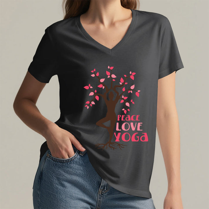 Maglietta da donna con scollo a V Olivenorma Peace Love Yoga Tree Pose Tree Of Life Graphic - image 23