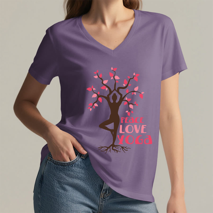 Maglietta da donna con scollo a V Olivenorma Peace Love Yoga Tree Pose Tree Of Life Graphic - image 38
