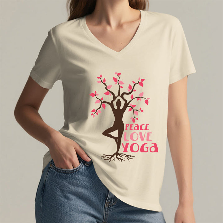Maglietta da donna con scollo a V Olivenorma Peace Love Yoga Tree Pose Tree Of Life Graphic - image 5