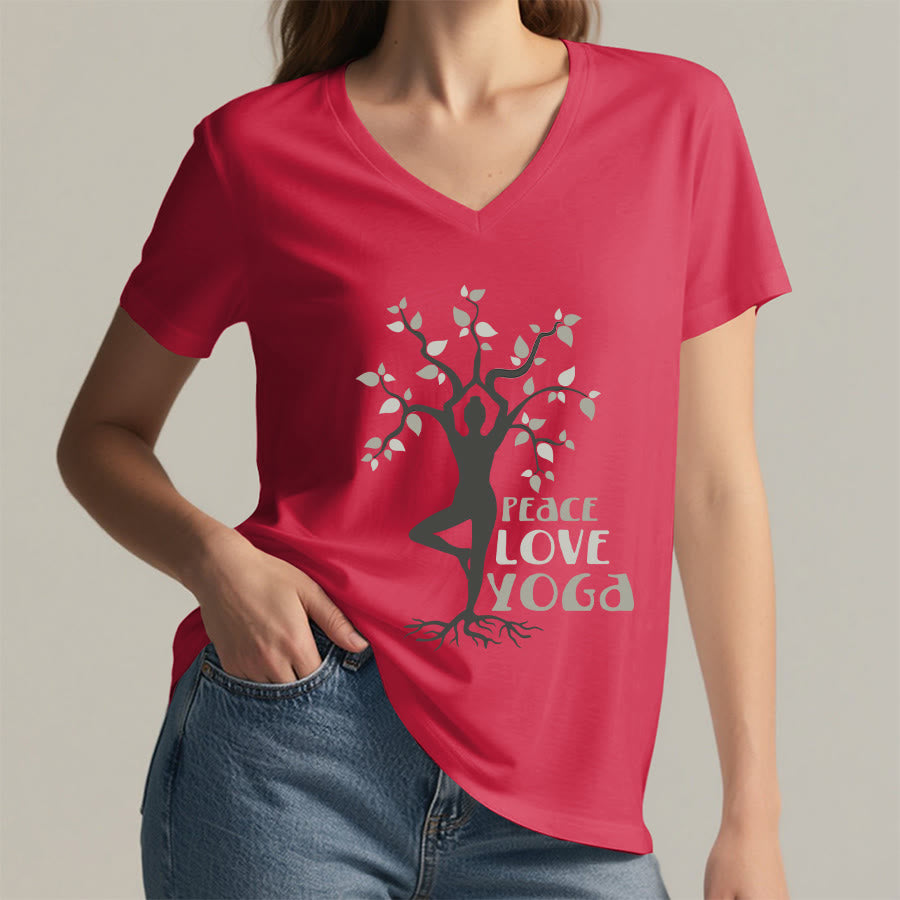Maglietta da donna con scollo a V Olivenorma Peace Love Yoga Tree Pose Tree Of Life Graphic - image 29