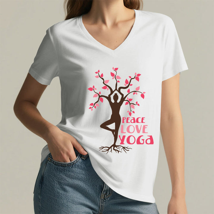 Maglietta da donna con scollo a V Olivenorma Peace Love Yoga Tree Pose Tree Of Life Graphic - image 2