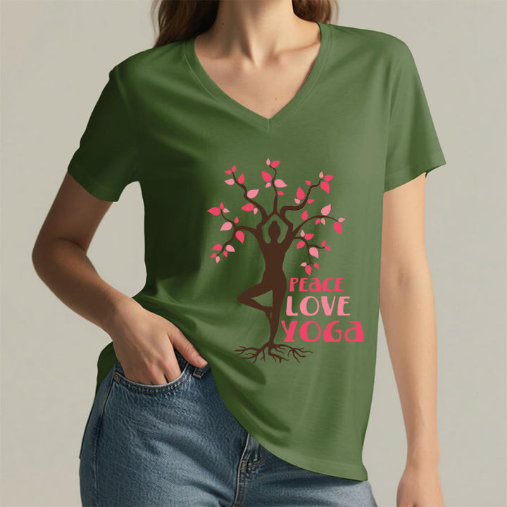 Maglietta da donna con scollo a V Olivenorma Peace Love Yoga Tree Pose Tree Of Life Graphic - image 11