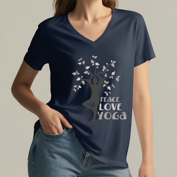 Maglietta da donna con scollo a V Olivenorma Peace Love Yoga Tree Pose Tree Of Life Graphic - image 26