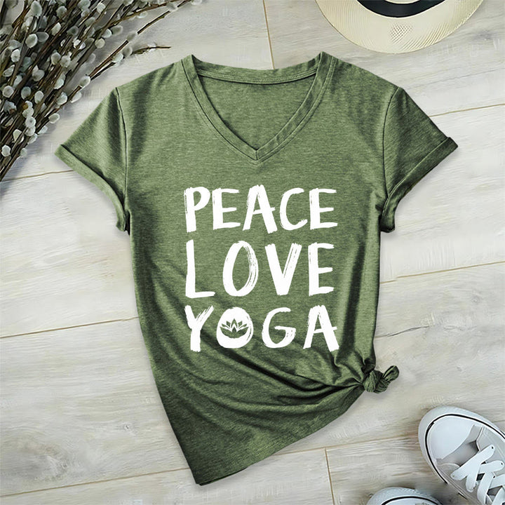 T-shirt da donna con scollo a V Olivenorma Peace Love Lotus Yoga con grafica e testo. - Verde oliva - 2XL - image 9