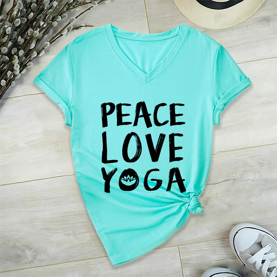 T-shirt da donna con scollo a V Olivenorma Peace Love Lotus Yoga con grafica e testo. - Lago Blu - 2XL - image 18