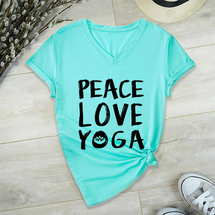 T-shirt da donna con scollo a V Olivenorma Peace Love Lotus Yoga con grafica e testo. - Lago Blu - 2XL - image 18