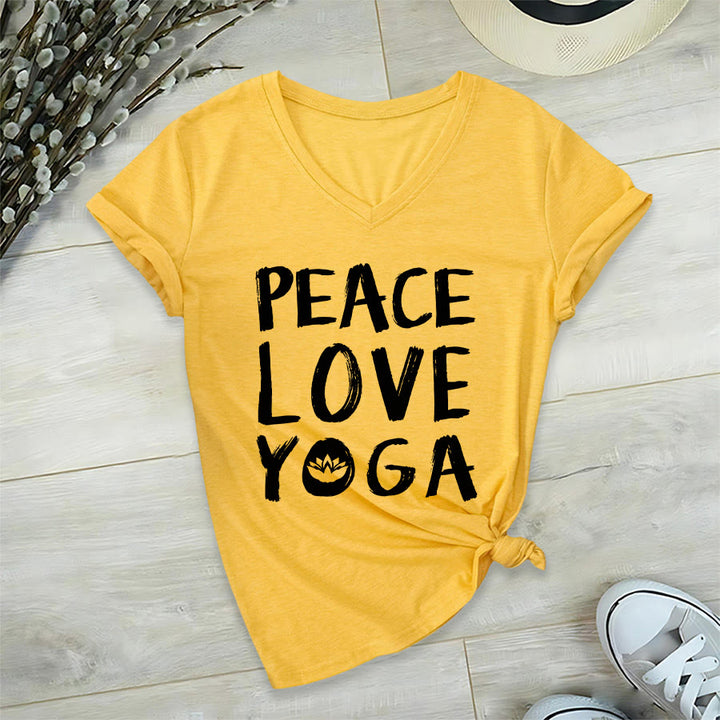 T-shirt da donna con scollo a V Olivenorma Peace Love Lotus Yoga con grafica e testo. - Giallo - 2XL - image 33