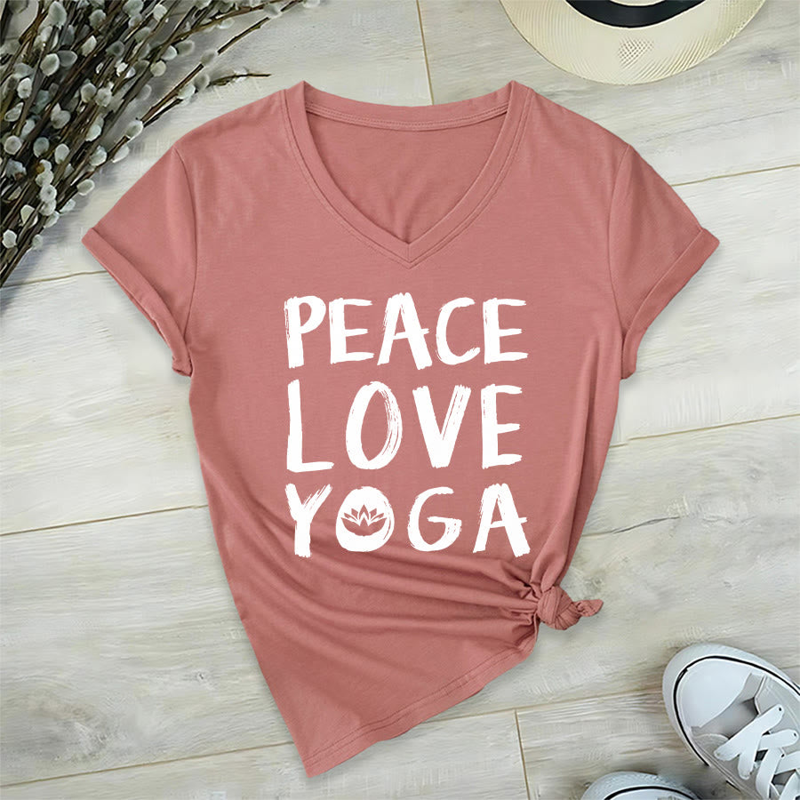 T-shirt da donna con scollo a V Olivenorma Peace Love Lotus Yoga con grafica e testo. - Rosa - 2XL - image 15