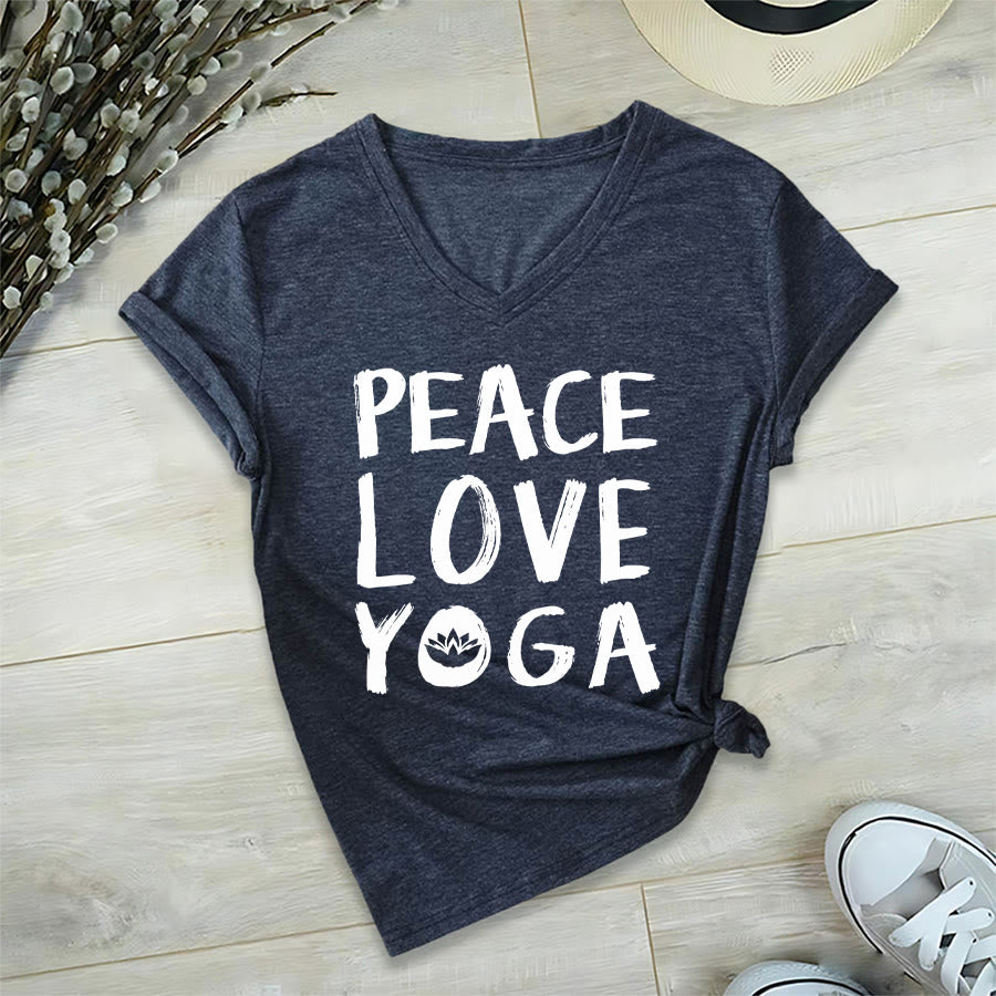 T-shirt da donna con scollo a V Olivenorma Peace Love Lotus Yoga con grafica e testo. - Blu navy - 2XL - image 27