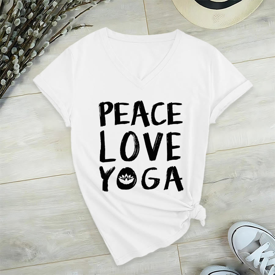 T-shirt da donna con scollo a V Olivenorma Peace Love Lotus Yoga con grafica e testo. - Bianco - 2XL - image 24