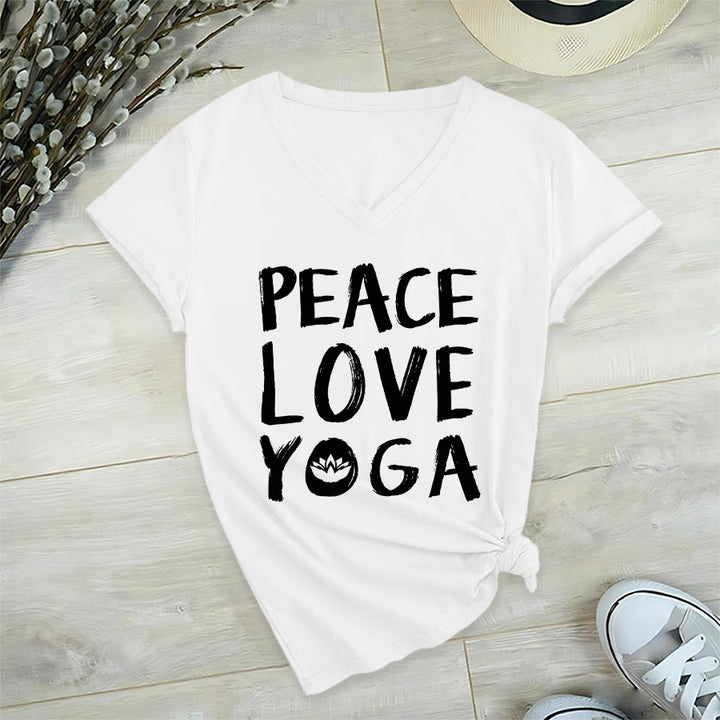 T-shirt da donna con scollo a V Olivenorma Peace Love Lotus Yoga con grafica e testo. - Bianco - 2XL - image 24