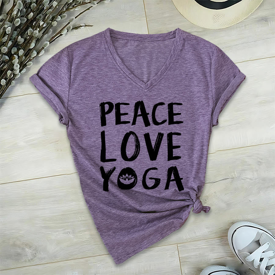 T-shirt da donna con scollo a V Olivenorma Peace Love Lotus Yoga con grafica e testo. - Viola - 2XL - image 36