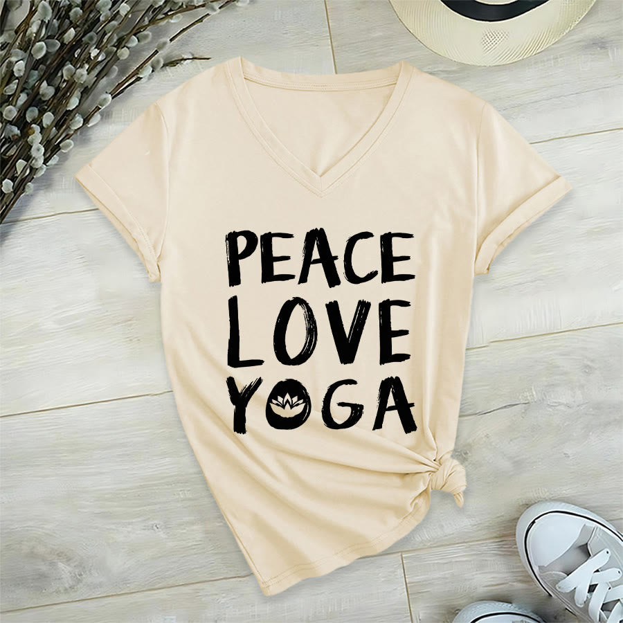 T-shirt da donna con scollo a V Olivenorma Peace Love Lotus Yoga con grafica e testo. - Cachi - 2XL - image 12