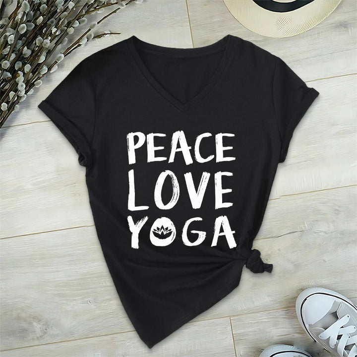 T-shirt da donna con scollo a V Olivenorma Peace Love Lotus Yoga con grafica e testo. - Nero - 2XL - image 0