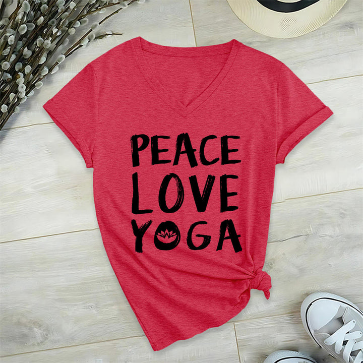 T-shirt da donna con scollo a V Olivenorma Peace Love Lotus Yoga con grafica e testo. - Rosso - 2XL - image 30