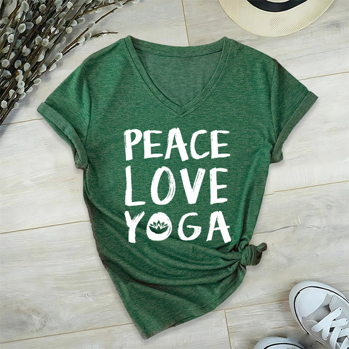 T-shirt da donna con scollo a V Olivenorma Peace Love Lotus Yoga con grafica e testo. - Verde scuro - 2XL - image 6