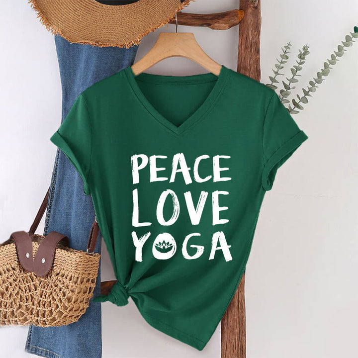 T-shirt da donna con scollo a V Olivenorma Peace Love Lotus Yoga con grafica e testo. - image 7