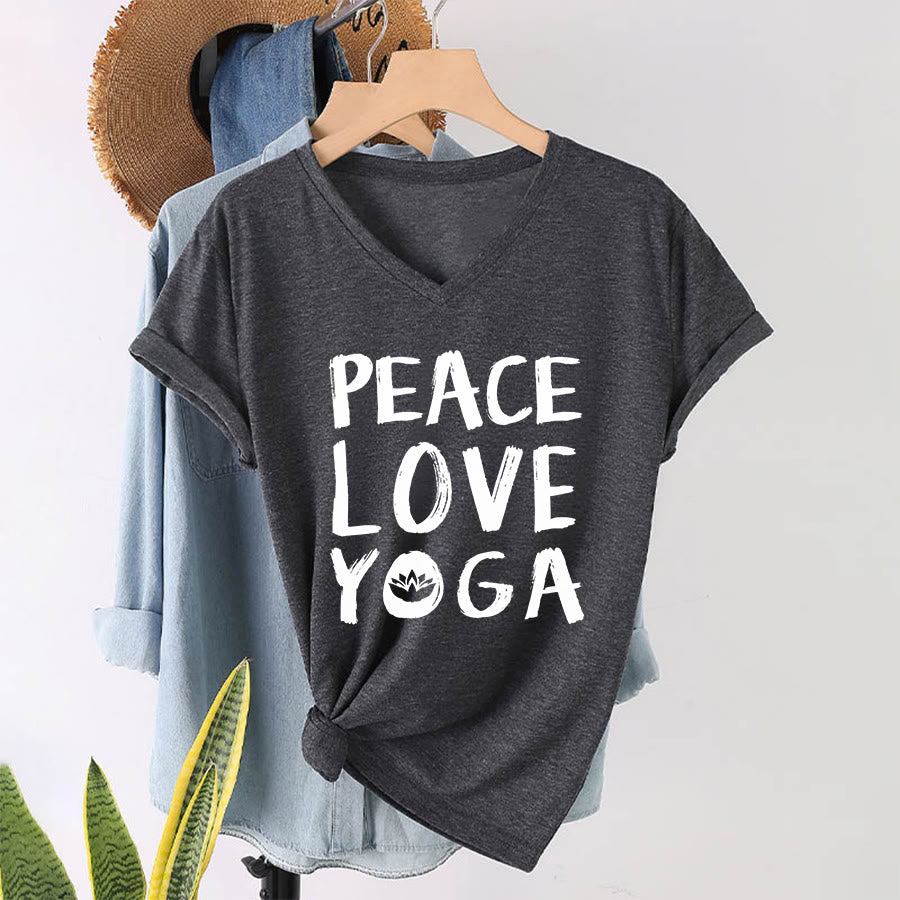 T-shirt da donna con scollo a V Olivenorma Peace Love Lotus Yoga con grafica e testo. - image 22