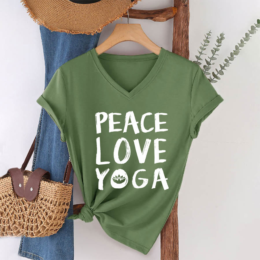 T-shirt da donna con scollo a V Olivenorma Peace Love Lotus Yoga con grafica e testo. - image 10