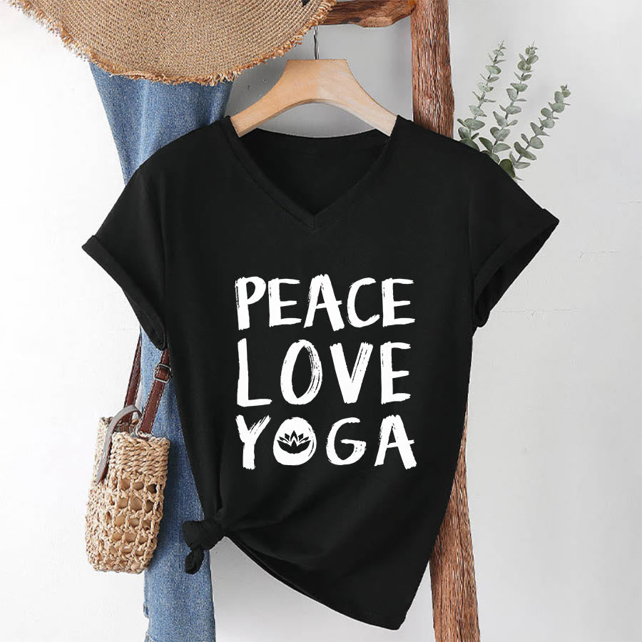 T-shirt da donna con scollo a V Olivenorma Peace Love Lotus Yoga con grafica e testo. - image 1